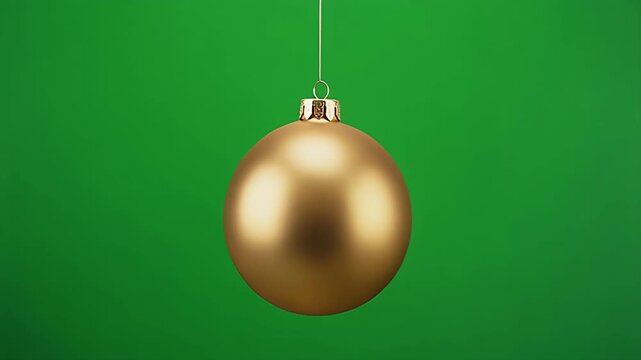 Golden christmas ornament hanging and swinging on a green screen background