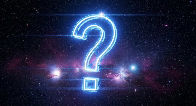Glowing blue question mark against starry galaxy background, symbolizing inquiry, mystery, or uncertainty in vastness of cosmos, exploration