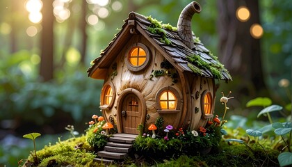 Fantasy wooden fairy house in lush forest.