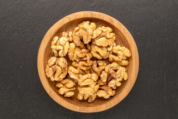 Peeled walnut, top view, macro.