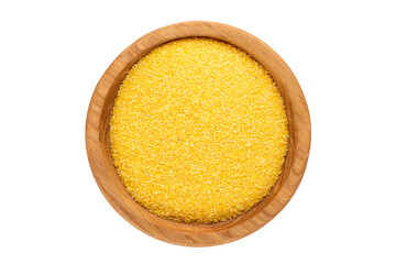 Raw corn grits, top view, macro.