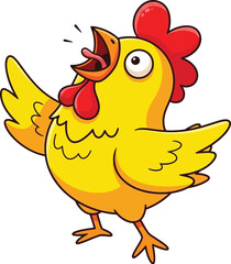 Funny cartoon yellow chicken with open beak and wide eyes energetically crowing with wings spread wide in a joyful expression