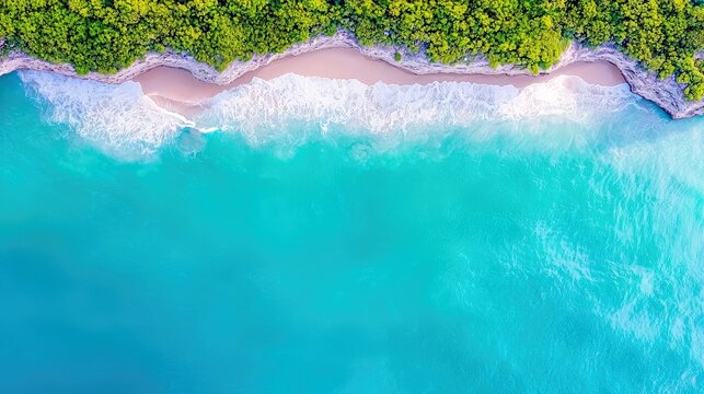 An aerial view showcases a secluded tropical beach with vibrant turquoise waters, gentle white waves lapping the shore, and dense green foliage atop rocky cliff - Powered by Adobe