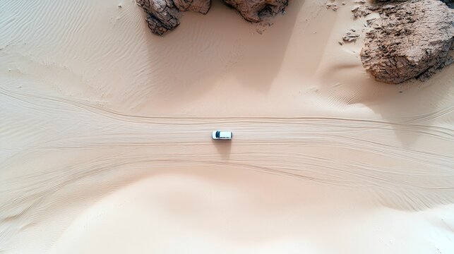 An aerial perspective captures a solitary white vehicle traversing a vast, sandy desert landscape, leaving tire tracks on the smooth dunes.