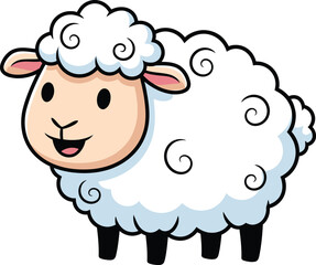 Adorable cartoon illustration of a fluffy white sheep with a happy expression and curly wool on a white background