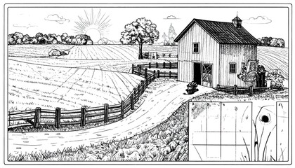 Farm Scene Barn Field Landscape.