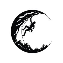 Silhouette of a climber scaling a rocky cliff face against a crescent moon