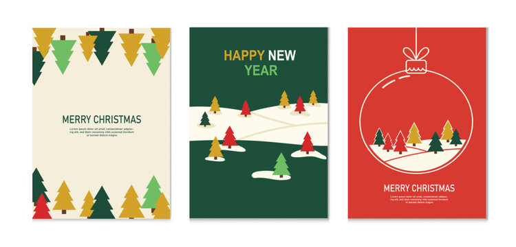Set of three christmas and new year greeting cards with trees and snow, perfect for sending holiday wishes to friends and family