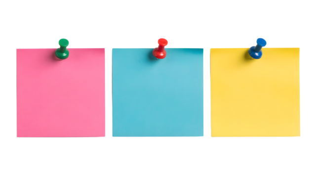 Three Sticky Notes with Push Pins in Pink, Blue, and Yellow Against a White Background