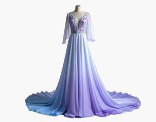Fototapeta premium Elegant Gradient Dress from Lavender to Soft Blue with Floral Motifs and Flowing Shawl