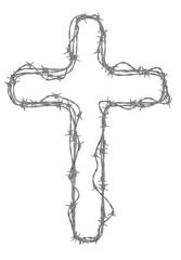 barbed wire cross, symbolizing human suffering and conflict. 3d render for themes of injustice, war, and persecution.