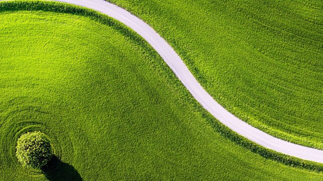 An aerial perspective captures a bright white road curving through a lush, verdant green field, with a solitary tree standing prominently and casting a distinct