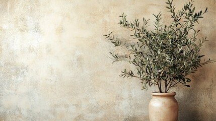 Neutral pastel beige wall with olive tree branches. 