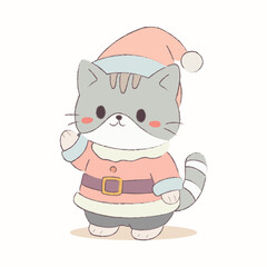Cute cat in santa claus costume illustration doodle vector isolated. Adorable kitten in christmas outfit cartoon for children book, asset, design, poster, mascot