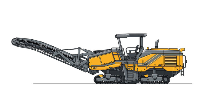 Detailed illustration of a cold planer machine, also known as an asphalt milling machine, used for road construction work.