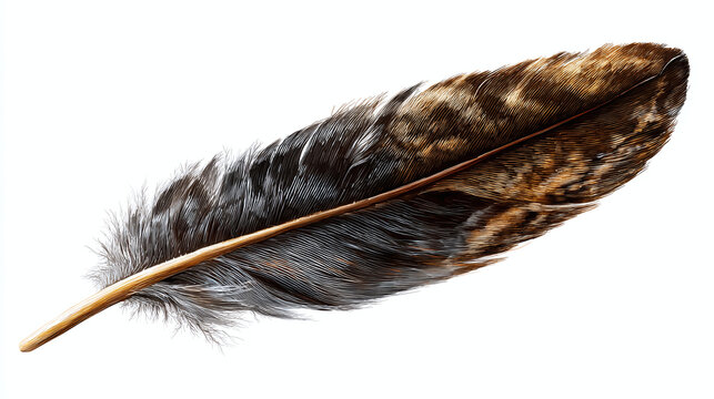 An avian plume with intricate patterns lies elegantly. The feather is in shades of brown and gray, with a delicate quill and fluffy barbs.