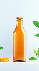 An amber glass bottle with a yellow cap stands upright next to its detached yellow cap, with green leaves on either side.