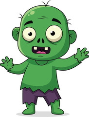 Adorable cartoon baby zombie character with green skin and tattered clothes standing with arms outstretched