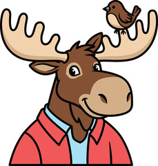 Charming cartoon illustration of a friendly moose wearing a red jacket with a small bird perched on its antler