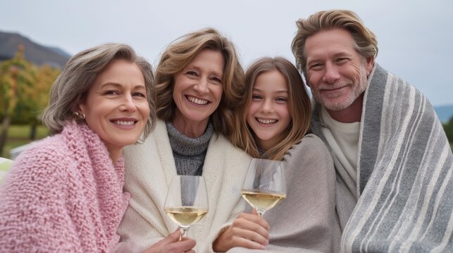 Four family members enjoy a delightful moment outdoors, wrapped in warm blankets. They share laughter and sip wine, surrounded by beautiful autumn scenery