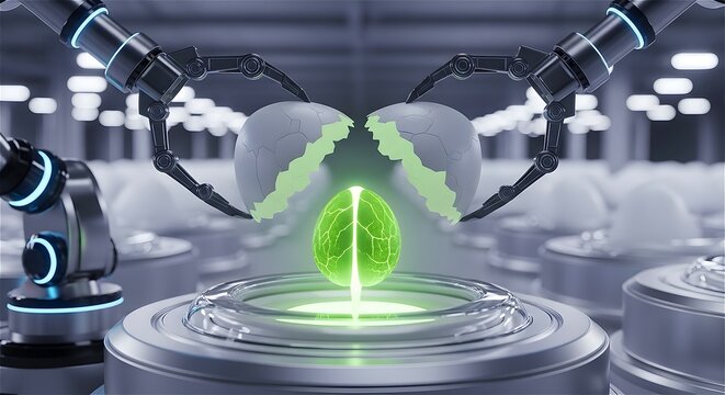 A detailed 3D rendering of robotic arms holding and opening a futuristic, gray, egg-like shell. Inside, a glowing green, brain-shaped core is revealed, sitting on a metallic pedestal.