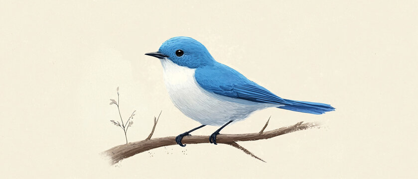 Blue Bird Perched on Branch with Minimalistic Background