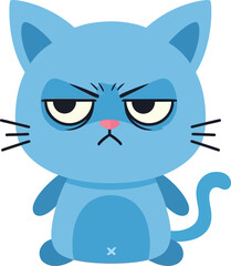 A grumpy blue cartoon cat with furrowed brows and a displeased expression sitting with its tail curled