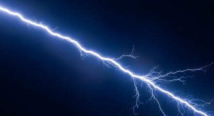 Bright blue lightning bolt strikes across a dark night sky
