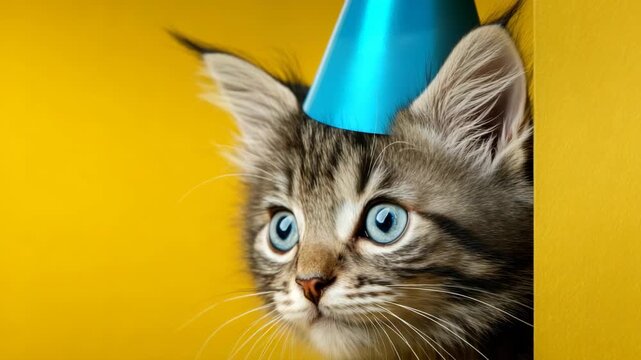 Playful kitten with blue party hat against vibrant yellow background