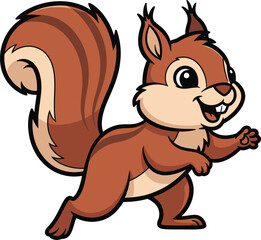 Adorable cartoon squirrel with a bushy tail running with a happy expression on a white background © GolamKibria
