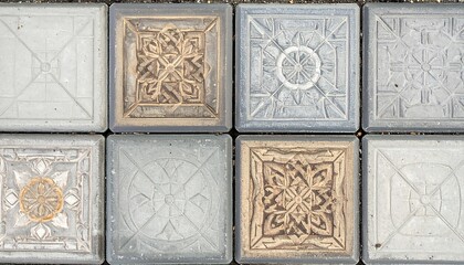 Eight square pavement tiles display geometric and floral etched patterns.