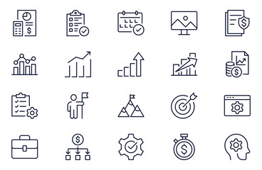 Project management line icon collection. Time management and planning concept. Business or organization management icons for web and mobile app. Time management, planning, project, startup, marketing.