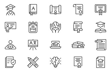 Education Line Icons set. Vector illustration in modern thin line style of school icons: school subjects, supplies, science, and online learning. Isolated on whiteEducation Line Icons set.