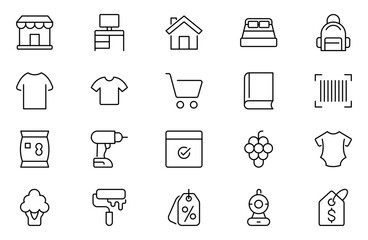 Fototapeta premium Marketplace Categories outline Icons set. Vector illustration in modern thin line style of e-commerce related icons: household goods, electronics and household appliances, clothing, and more.