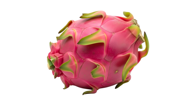 Vibrant pink dragon fruit with green scales isolated on transparent background