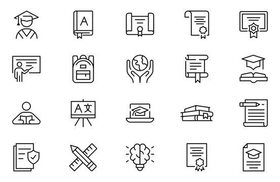 Education Line Icons set. Vector illustration in modern thin line style of school icons: school subjects, supplies, science, and online learning. Isolated on whiteEducation Line Icons set.