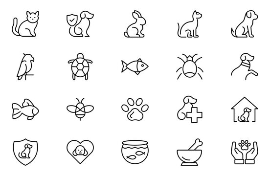 Set of line icons related to pet, care, veterinary, vet, and healthcare. Outline icon collection. Set of outline veterinarian icons. Animals veterinary icons.Pet and Vet Line Icon Set.