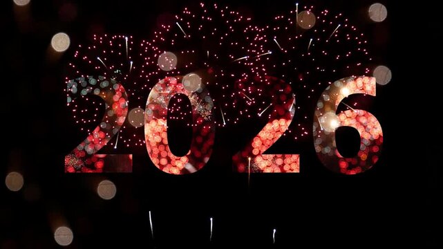 4K. seamless looping of firework of year 2026 greeting during new year eve countdown celebration, real illuminate fireworks festival in the sky display at night with colorful - Powered by Adobe