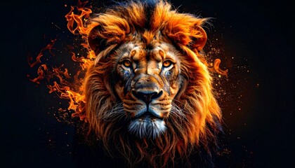 Fiery Lion Portrait with Glowing Mane, and Dark Background.