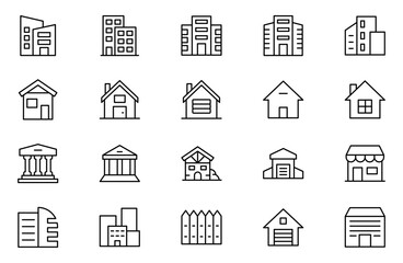 Real Estate minimal thin line web icon set. Included the icons as realty, property, mortgage, home loan and more. Outline icons collection. House, key, buy, sell, loan, building, address, bedroom