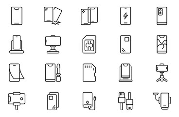 Mobile phone accessories line icon set. Charging; Cables; Headphones; Case; Glass; Sim card. Editable stroke.