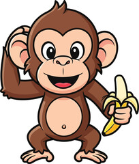 Adorable cartoon monkey with big eyes and a friendly smile holding a peeled banana in its hand