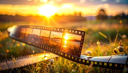Film strip sunset in tall green grass.