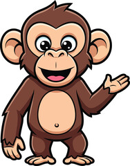 Cute monkey cartoon waving isolated on white background, happy and cheerful animal