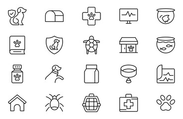 Set of line icons related to pet, care, veterinary, vet, and healthcare. Outline icon collection. Set of outline veterinarian icons. Animals veterinary icons.Pet and Vet Line Icon Set.
