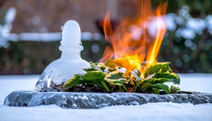 Fire Burning Plant Ice Winter Garden.