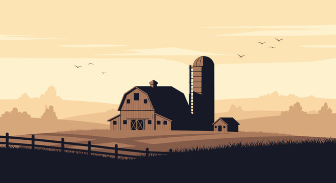 A silhouette of a classic American farm with a barn and silo against a golden sunset sky in a rural landscape.