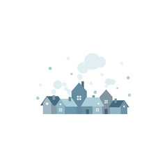 Minimalist Winter Village with Cabins and Snowfall – Flat Vector Illustration