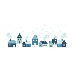 Minimalist Winter Village with Cabins and Snowfall – Flat Vector Illustration