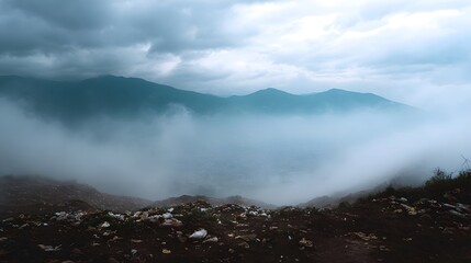 Fototapeta premium A desolate mountain landscape shrouded in mist and fog with piles of garbage in the foreground under an overcast sky